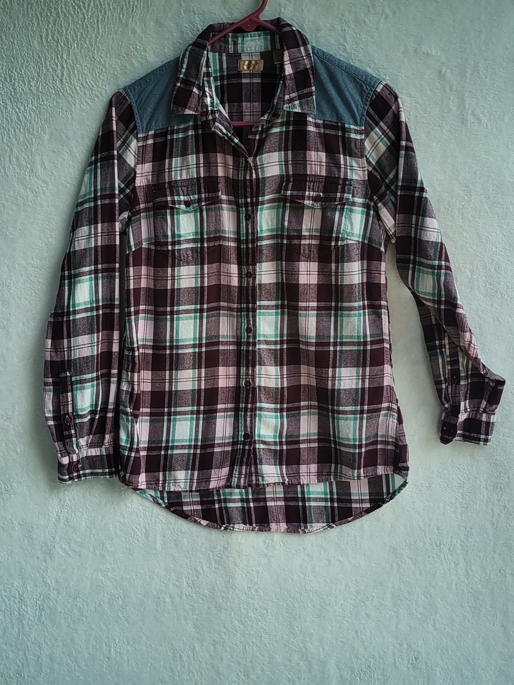NorthCrest Long Sleeve Shirt In Burgundy, Mint, and White Plaid. (WS 54) - Picture 2 of 4